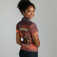 Taharqa Women Polo Shirt with Warrior Portrait, Lion of Kush Title and Bold Red Defender of Africa - Wonder Print Shop