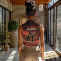 Taharqa Women Sleeveless Polo Shirt with Warrior Portrait, Lion of Kush Title and Bold Red Defender of Africa - Wonder Print Shop