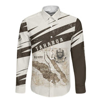 Taharqa Long Sleeve Button Shirt with Ancient Map Illustration, King of Two Lands Title and Kush Egypt Temple - Wonder Print Shop