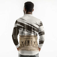 Taharqa Long Sleeve Polo Shirt with Ancient Map Illustration, King of Two Lands Title and Kush Egypt Temple - Wonder Print Shop