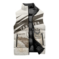 Taharqa Sleeveless Puffer Jacket with Ancient Map Illustration, King of Two Lands Title and Kush Egypt Temple - Wonder Print Shop