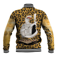 Shaka Zulu Baseball Jacket Leopard Print Design Traditional Warrior Spear and Shield Illustration Tribal King - Wonder Print Shop