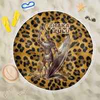 Shaka Zulu Beach Blanket Leopard Print Design Traditional Warrior Spear and Shield Illustration Tribal King - Wonder Print Shop