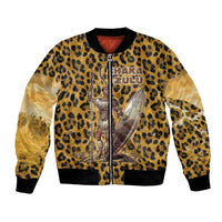 Shaka Zulu Bomber Jacket Leopard Print Design Traditional Warrior Spear and Shield Illustration Tribal King - Wonder Print Shop