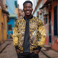 Shaka Zulu Bomber Jacket Leopard Print Design Traditional Warrior Spear and Shield Illustration Tribal King - Wonder Print Shop