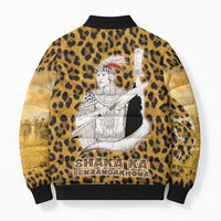 Shaka Zulu Bomber Puffer Jacket Leopard Print Design Traditional Warrior Spear and Shield Illustration Tribal King - Wonder Print Shop