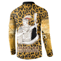 Shaka Zulu Button Sweatshirt Leopard Print Design Traditional Warrior Spear and Shield Illustration Tribal King