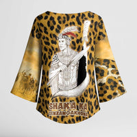 Shaka Zulu Kimono Sleeve Blouse Leopard Print Design Traditional Warrior Spear and Shield Illustration Tribal King - Wonder Print Shop