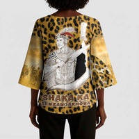 Shaka Zulu Kimono Sleeve Blouse Leopard Print Design Traditional Warrior Spear and Shield Illustration Tribal King - Wonder Print Shop