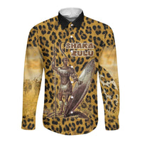 Shaka Zulu Long Sleeve Button Shirt Leopard Print Design Traditional Warrior Spear and Shield Illustration Tribal King - Wonder Print Shop