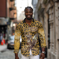 Shaka Zulu Long Sleeve Button Shirt Leopard Print Design Traditional Warrior Spear and Shield Illustration Tribal King - Wonder Print Shop