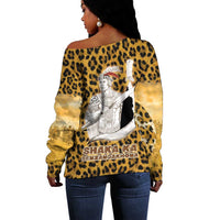 Shaka Zulu Off Shoulder Sweater Leopard Print Design Traditional Warrior Spear and Shield Illustration Tribal King - Wonder Print Shop