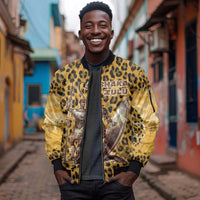 Shaka Zulu Sleeve Zip Bomber Jacket Leopard Print Design Traditional Warrior Spear and Shield Illustration Tribal King - Wonder Print Shop