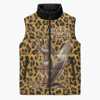Shaka Zulu Sleeveless Puffer Jacket Leopard Print Design Traditional Warrior Spear and Shield Illustration Tribal King - Wonder Print Shop