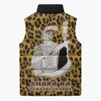 Shaka Zulu Sleeveless Puffer Jacket Leopard Print Design Traditional Warrior Spear and Shield Illustration Tribal King - Wonder Print Shop