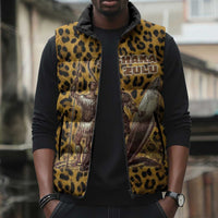 Shaka Zulu Sleeveless Puffer Jacket Leopard Print Design Traditional Warrior Spear and Shield Illustration Tribal King - Wonder Print Shop