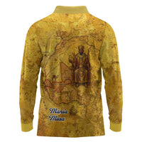 Mansa Musa Long Sleeve Polo Shirt Golden Legacy Theme Ancient Map Regal Portrait of Mali Emperor Timbuktu - Wonder Print Shop