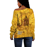 Mansa Musa Off Shoulder Sweater Golden Legacy Theme Ancient Map Regal Portrait of Mali Emperor Timbuktu - Wonder Print Shop