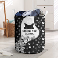 Judging You Silently Laundry Basket Black Cat Playful Monochrome Paw Print