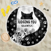 Judging You Silently Beach Blanket Black Cat Playful Monochrome Paw Print