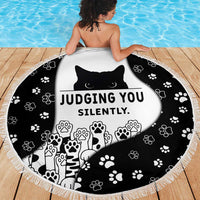 Judging You Silently Beach Blanket Black Cat Playful Monochrome Paw Print