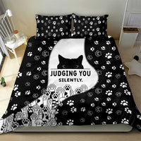 Judging You Silently Bedding Set Black Cat Playful Monochrome Paw Print