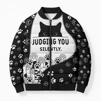 Judging You Silently Bomber Puffer Jacket Black Cat Playful Monochrome Paw Print