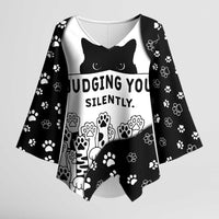 Judging You Silently Kimono Sleeve Blouse Black Cat Playful Monochrome Paw Print