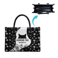 Judging You Silently Leather Bag Black Cat Playful Monochrome Paw Print