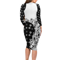 Judging You Silently Long Sleeve Bodycon Dress Black Cat Playful Monochrome Paw Print