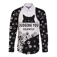 Judging You Silently Long Sleeve Button Shirt Black Cat Playful Monochrome Paw Print