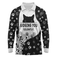 Judging You Silently Long Sleeve Polo Shirt Black Cat Playful Monochrome Paw Print
