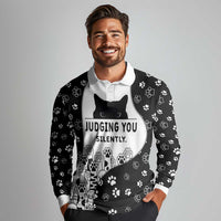 Judging You Silently Long Sleeve Polo Shirt Black Cat Playful Monochrome Paw Print