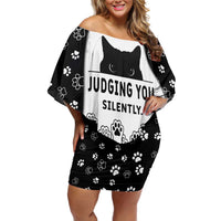 Judging You Silently Off Shoulder Short Dress Black Cat Playful Monochrome Paw Print