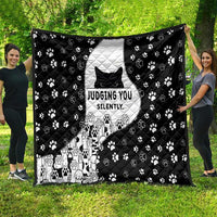 Judging You Silently Quilt Black Cat Playful Monochrome Paw Print