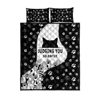 Judging You Silently Quilt Bed Set Black Cat Playful Monochrome Paw Print