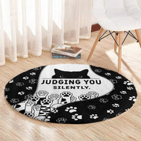 Judging You Silently Round Carpet Black Cat Playful Monochrome Paw Print
