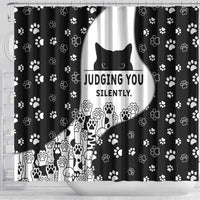 Judging You Silently Shower Curtain Black Cat Playful Monochrome Paw Print