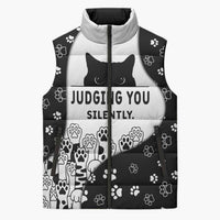 Judging You Silently Sleeveless Puffer Jacket Black Cat Playful Monochrome Paw Print