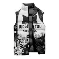 Judging You Silently Sleeveless Puffer Jacket Black Cat Playful Monochrome Paw Print