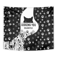 Judging You Silently Tapestry Black Cat Playful Monochrome Paw Print