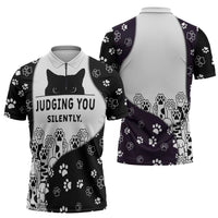 Judging You Silently Zipper Polo Shirt Black Cat Playful Monochrome Paw Print