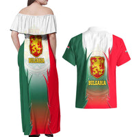 Bulgaria National Crest Couples Matching Off Shoulder Maxi Dress and Hawaiian Shirt with Tricolor Design and Folk Cuff Pattern