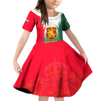 Bulgaria National Crest Family Matching Off Shoulder Short Dress and Hawaiian Shirt with Tricolor Design and Folk Cuff Pattern