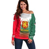Bulgaria National Crest Off Shoulder Sweater with Tricolor Design and Folk Cuff Pattern