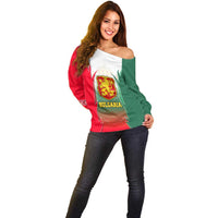 Bulgaria National Crest Off Shoulder Sweater with Tricolor Design and Folk Cuff Pattern