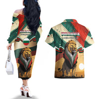 Bulgaria Liberation Day Couples Matching Off The Shoulder Long Sleeve Dress and Hawaiian Shirt with Shipka Monument and Tricolor Lion Graphic