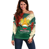 Bulgaria Liberation Day Off Shoulder Sweater with Shipka Monument and Tricolor Lion Graphic