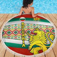 Bulgaria Lion Beach Blanket Tricolor Flag, Folk Pattern and Proud Motto