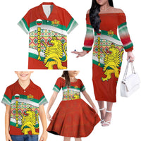 Bulgaria Lion Family Matching Off The Shoulder Long Sleeve Dress and Hawaiian Shirt Tricolor Flag, Folk Pattern and Proud Motto